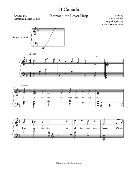 O Canada for Intermediate Lever Harp